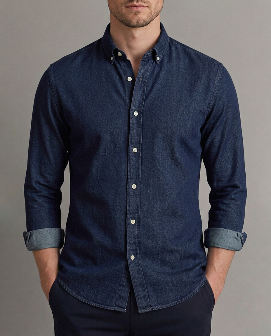 Man in a tailored dark indigo denim button-down shirt with sleeves turned back