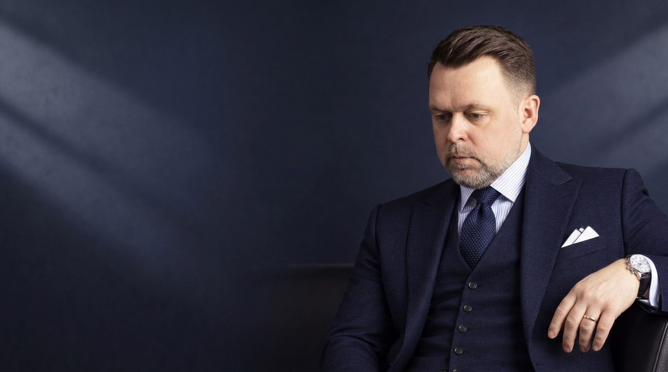 Man in a navy three-piece suit seated against a dark navy wall