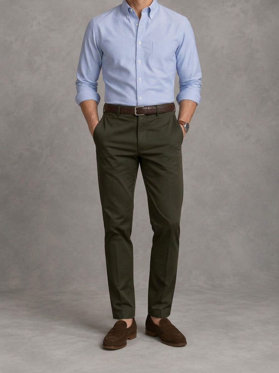 Dark olive cotton chinos worn with a light blue oxford shirt, brown belt and suede loafers