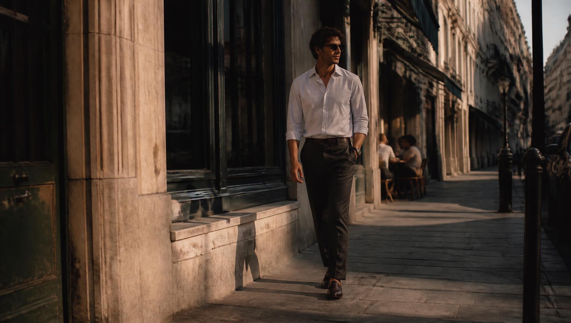 Well-dressed man walking through a city street in tailored trousers, shirt and loafers